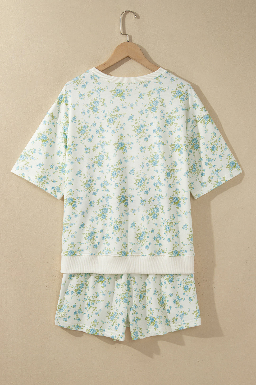 Sky Blue Floral Print Short Sleeve Elastic Waist Pocket Casual Two Piece Short Sets