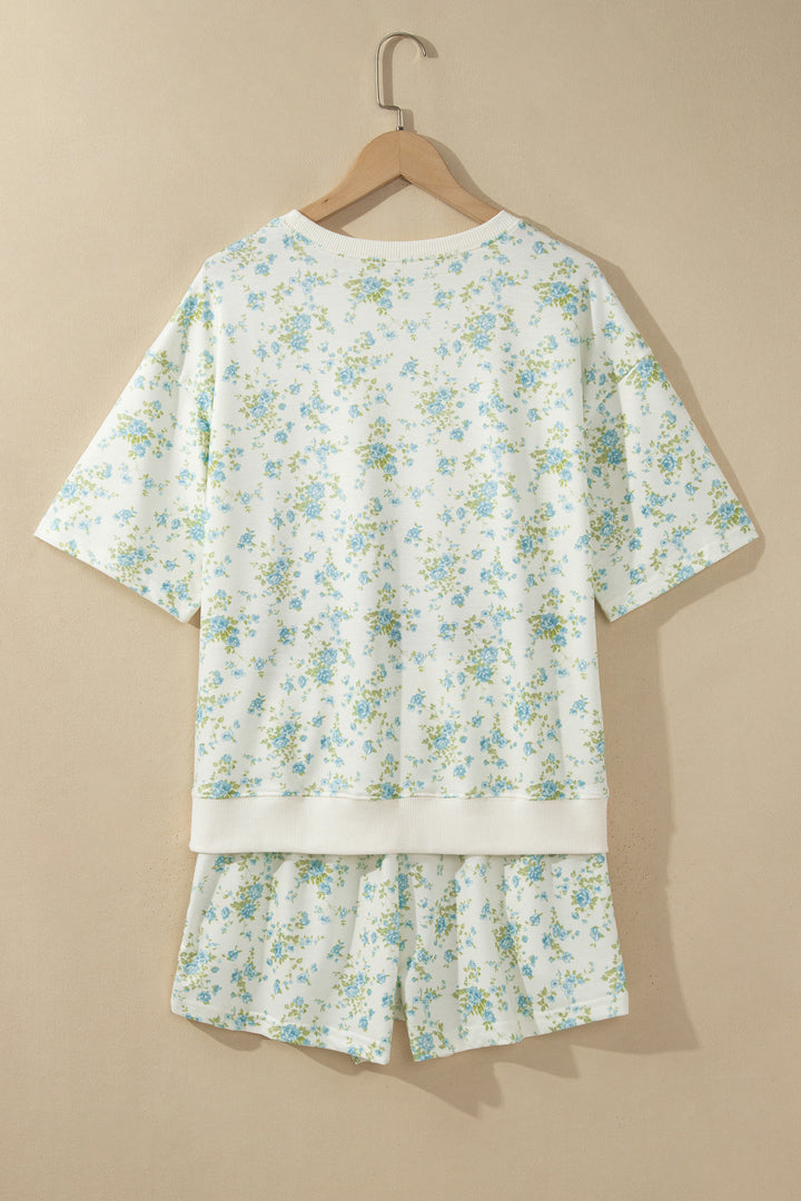 Sky Blue Floral Print Short Sleeve Elastic Waist Pocket Casual Two Piece Short Sets
