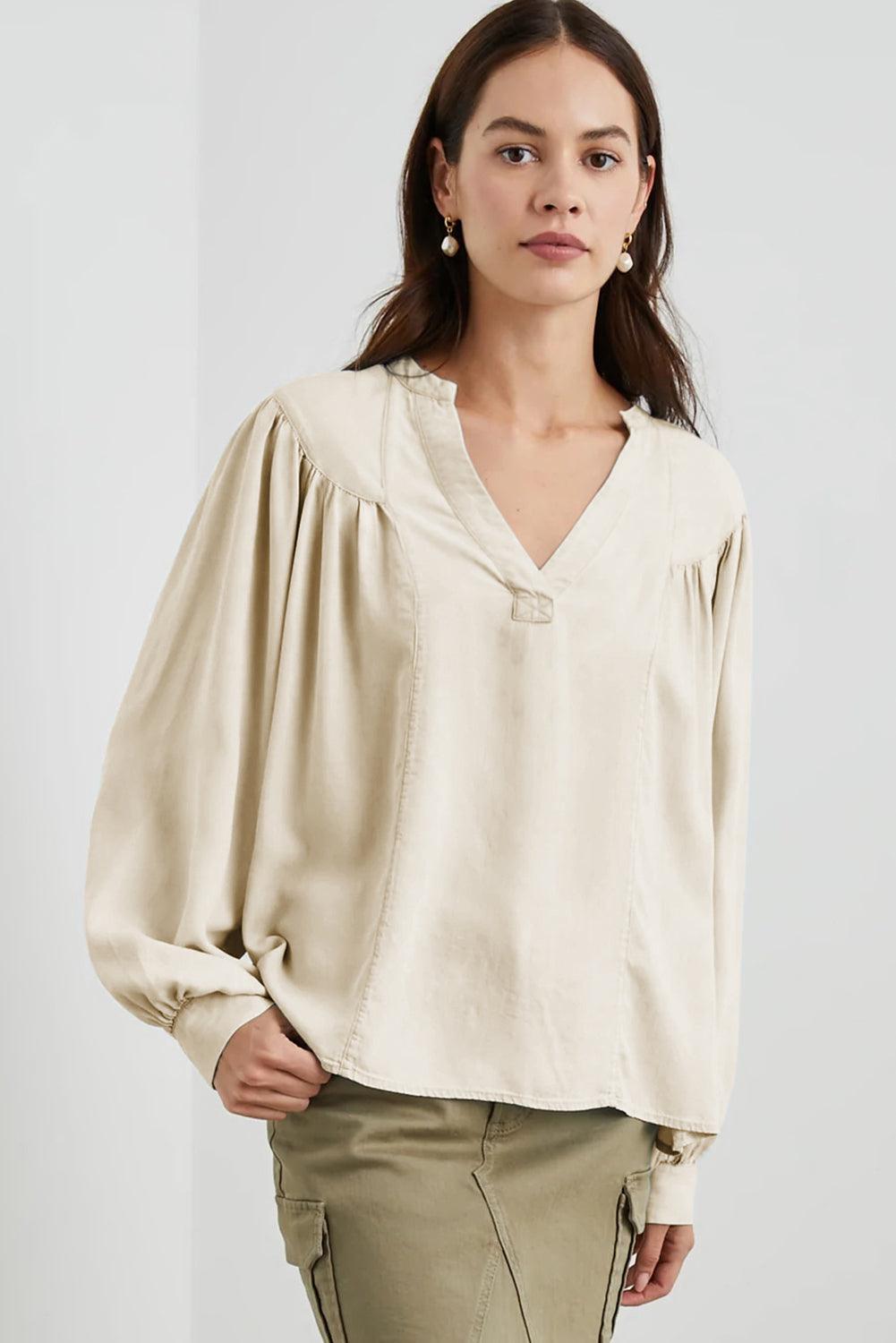 White Solid Color Lantern Sleeve Notched V Neck Blouse