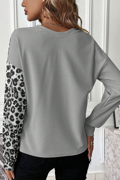 Light Grey Leopard Colorblock Waffle Knit Top