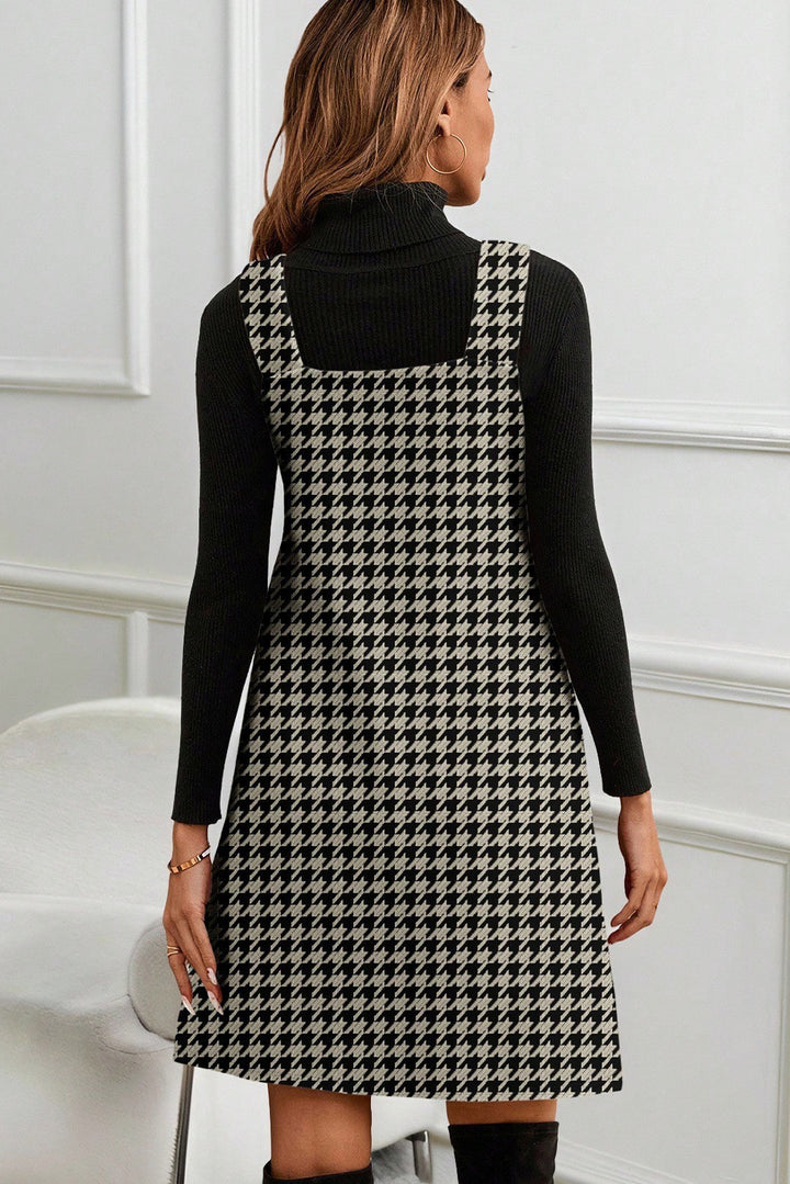 Khaki Houndstooth Print V Neck Sleeveless Mini Dress