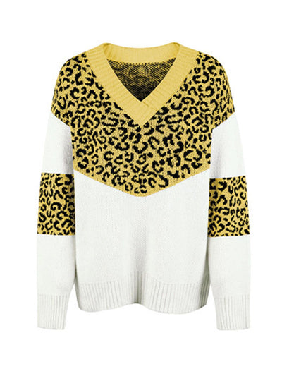 Leopard V-Neck Dropped Shoulder Sweater