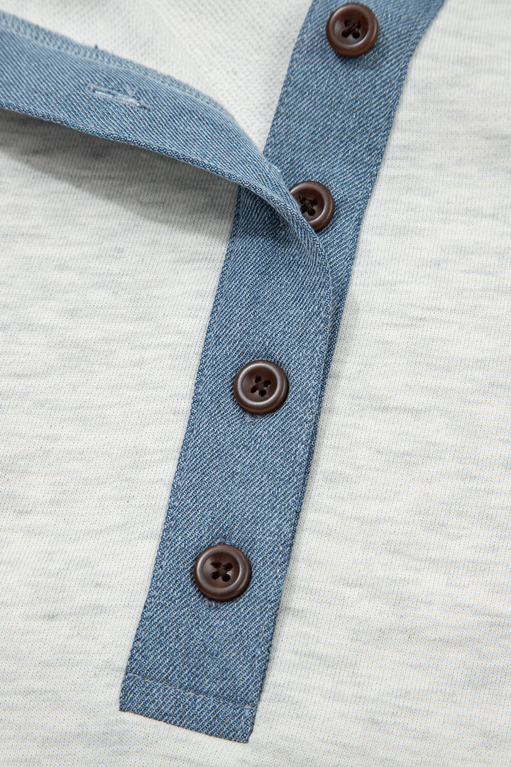 Beige Plus Size Contrast Denim Patchwork Cuffed Sleeve Polo Tee