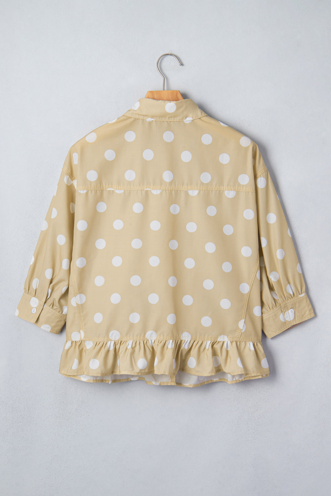 White Polka Dot Print Three Quarter Sleeve Ruffle Hem Casual Shirt