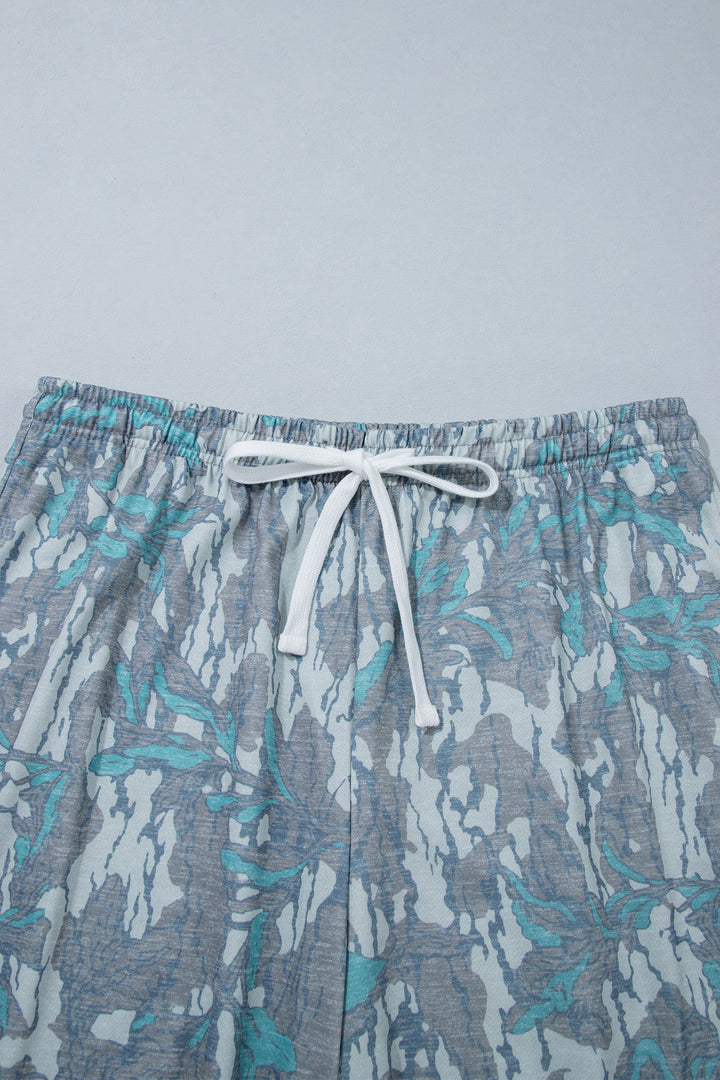 Multicolour Abstract Botanical Print Plus Size Pullover Drawstring Pants Set
