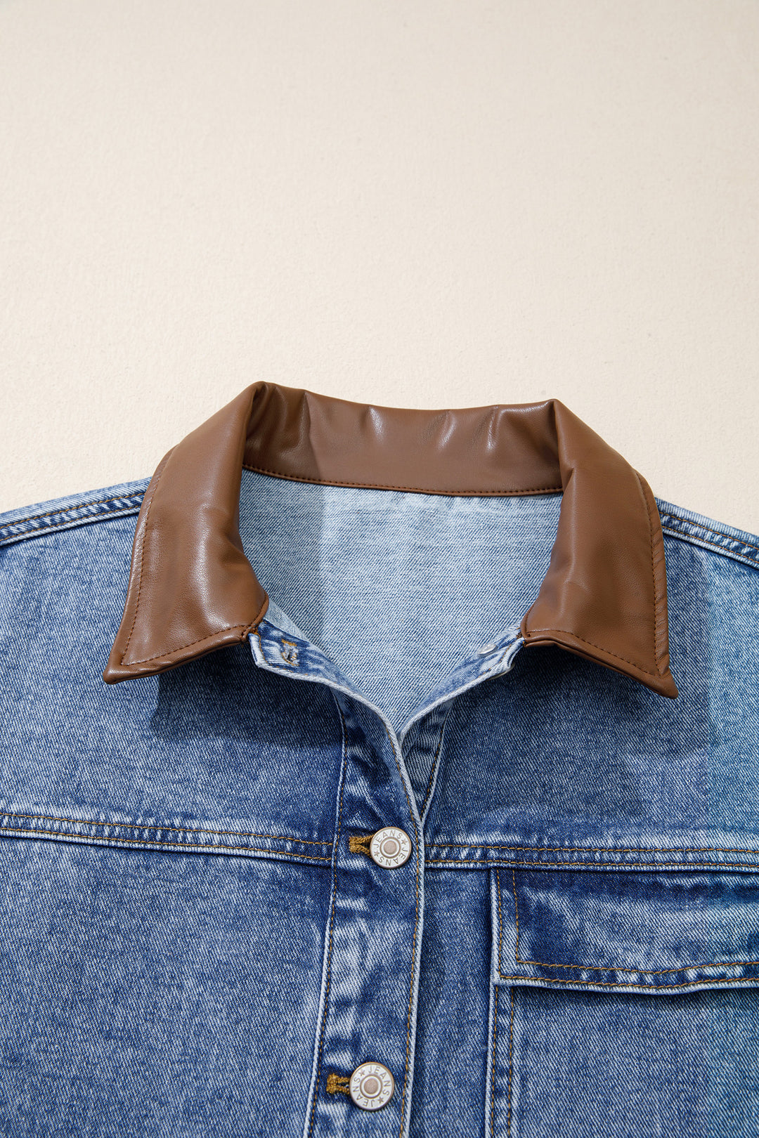 Sky Blue Patchwork Leather Collar Long Sleeve Denim Jacket