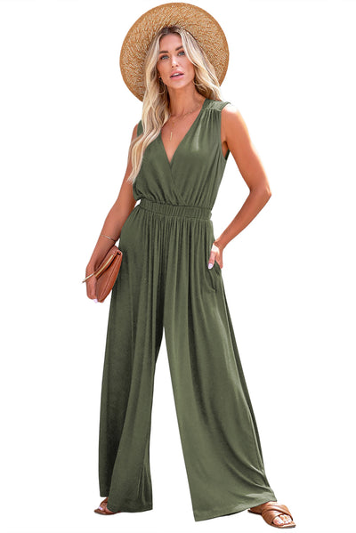 Jungle Green Deep V Pleated Crisscross Wide Leg Backless Jumpsuit