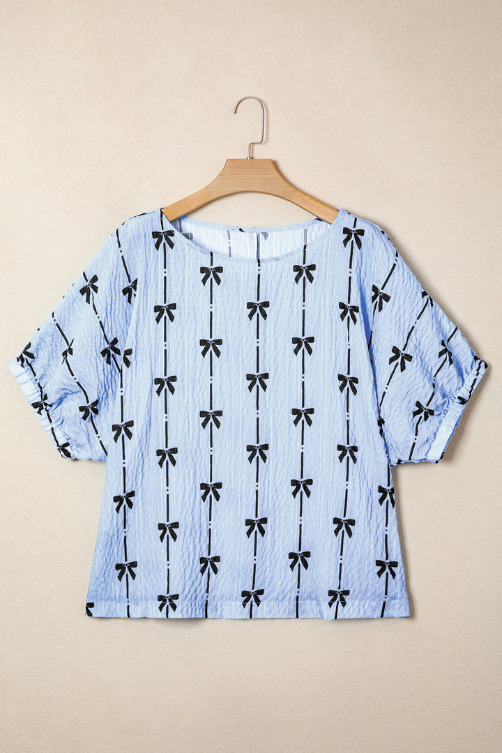 Beau Blue Bow Print Puff Short Sleeve Top