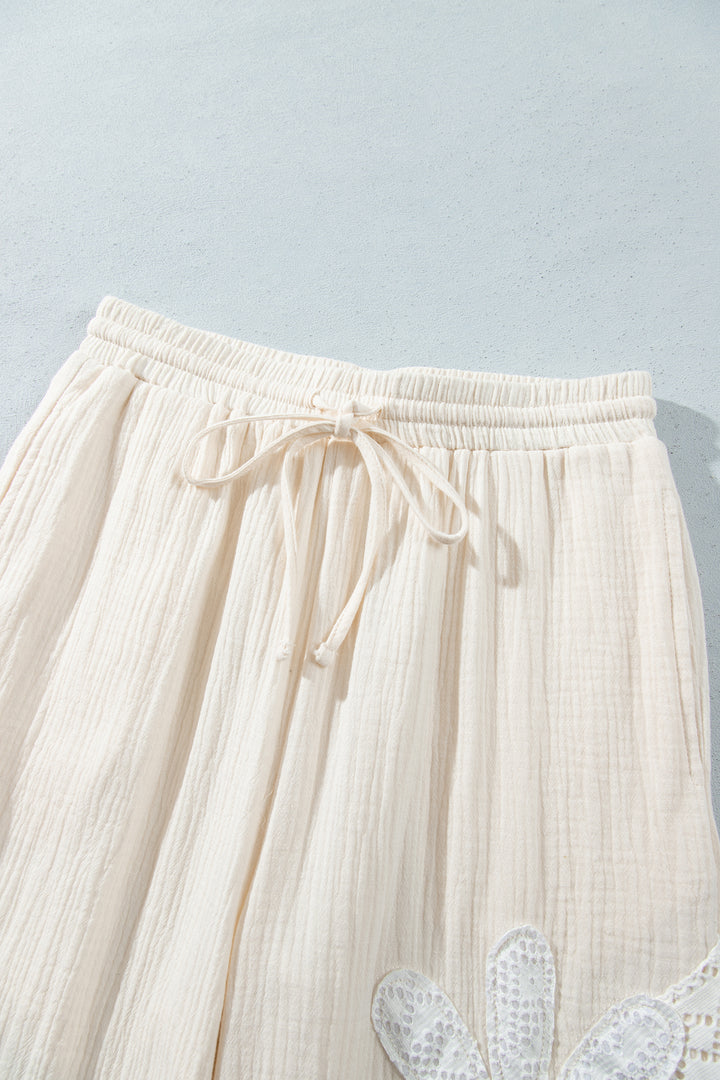 White Floral Lace Patchwork Boho Wide Leg Casual Pants