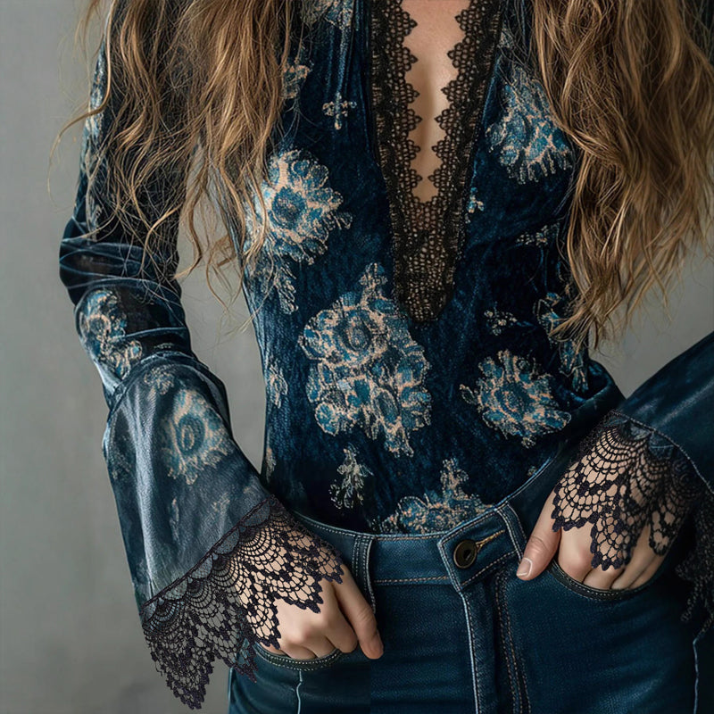 Women’s Retro Lace Panel V-Neck Blouse – Elegant Print Bell Sleeve Top for Spring &amp; Autumn Wear