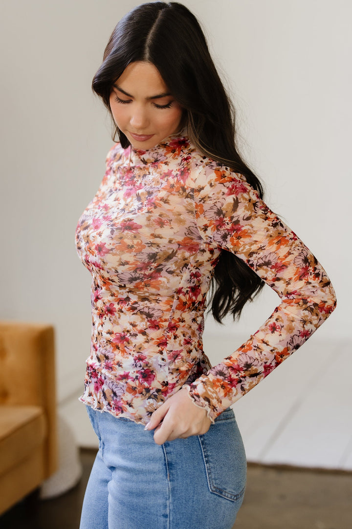 Virginia Floral Print Mesh Long Sleeve Top