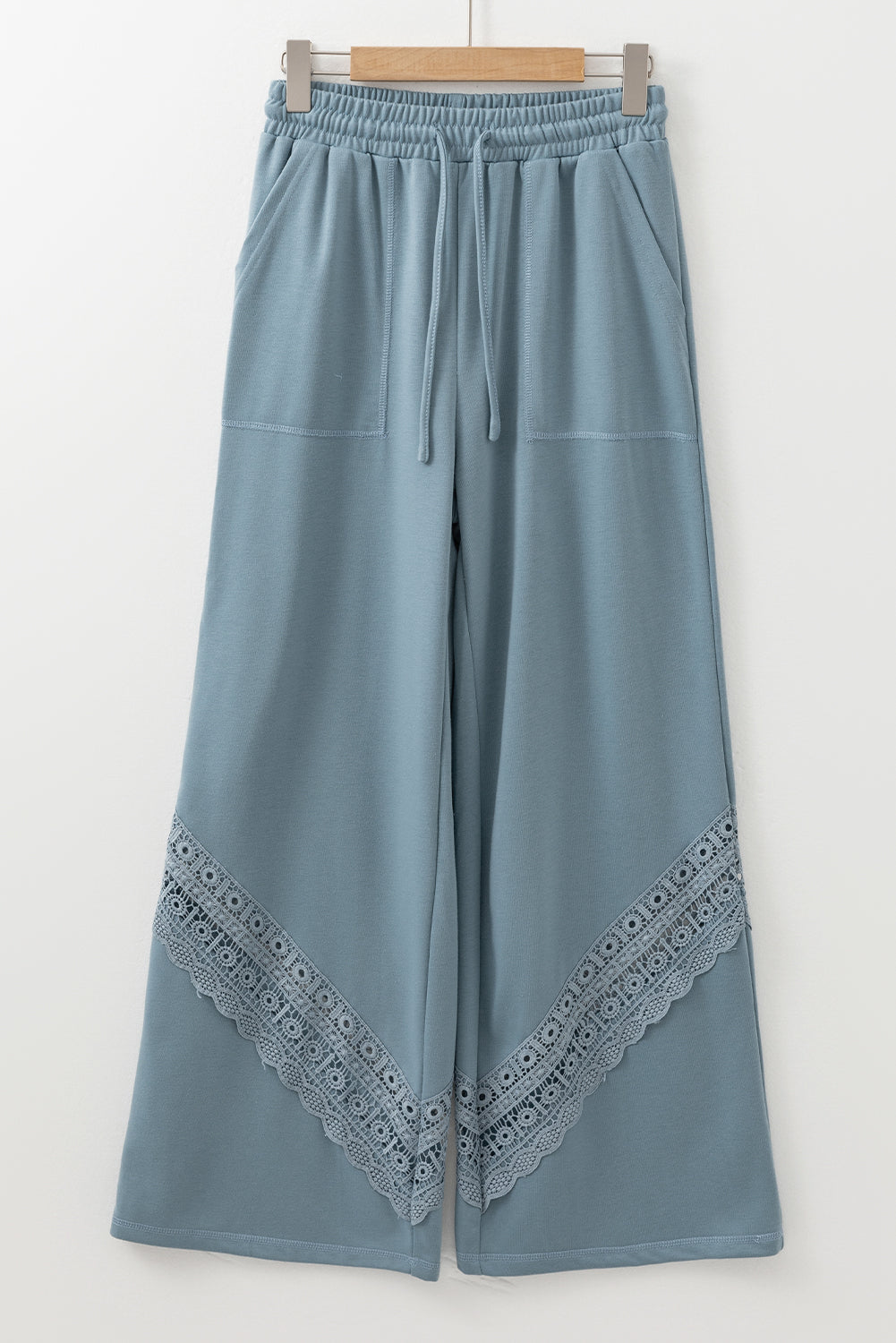 Dusk Blue Lace Crochet Patched Lace-up High Waist Wide Leg Pants