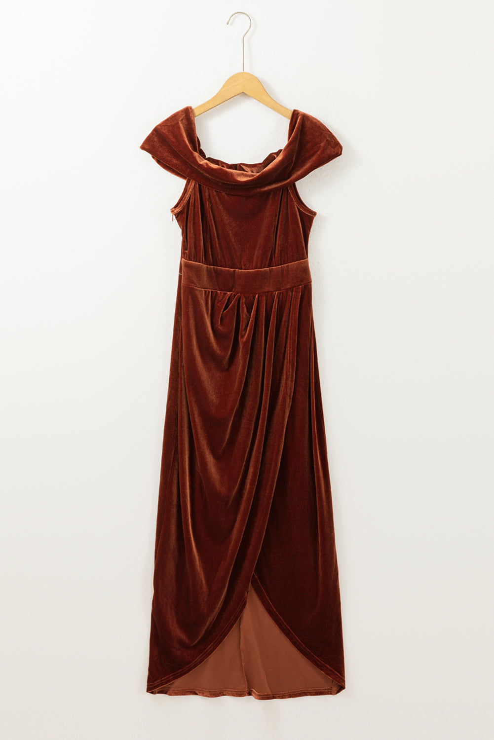 Chestnut Velvet Off Shoulder Pleated Wrap Evening Dress