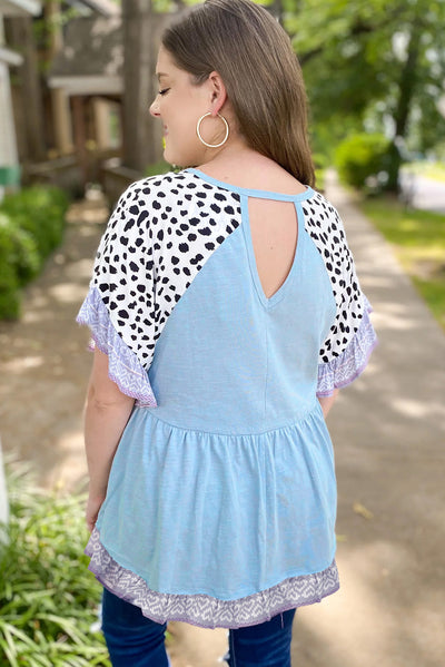 Iceland Blue Leopard Ruffled Patchwork Sleeve V Neck Blouse