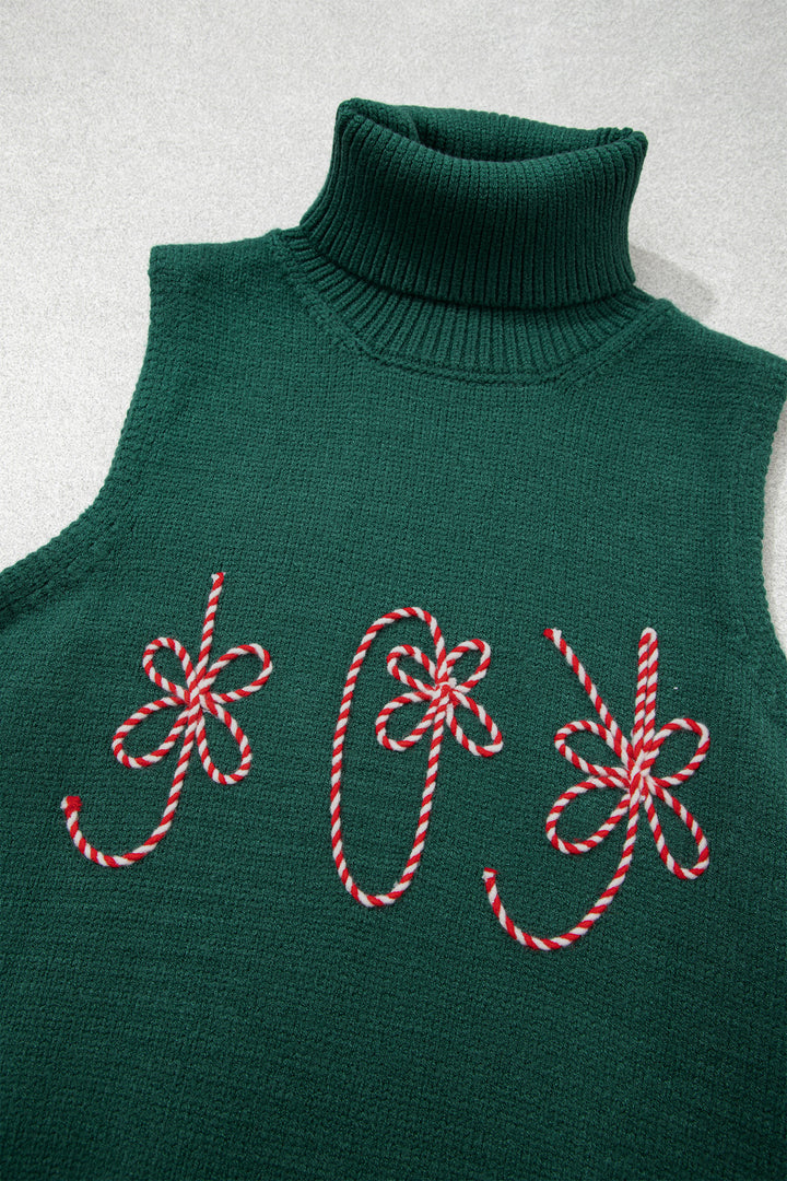 Evergreen High Neck Sleeveless Embroidered Knit Sweater Vest