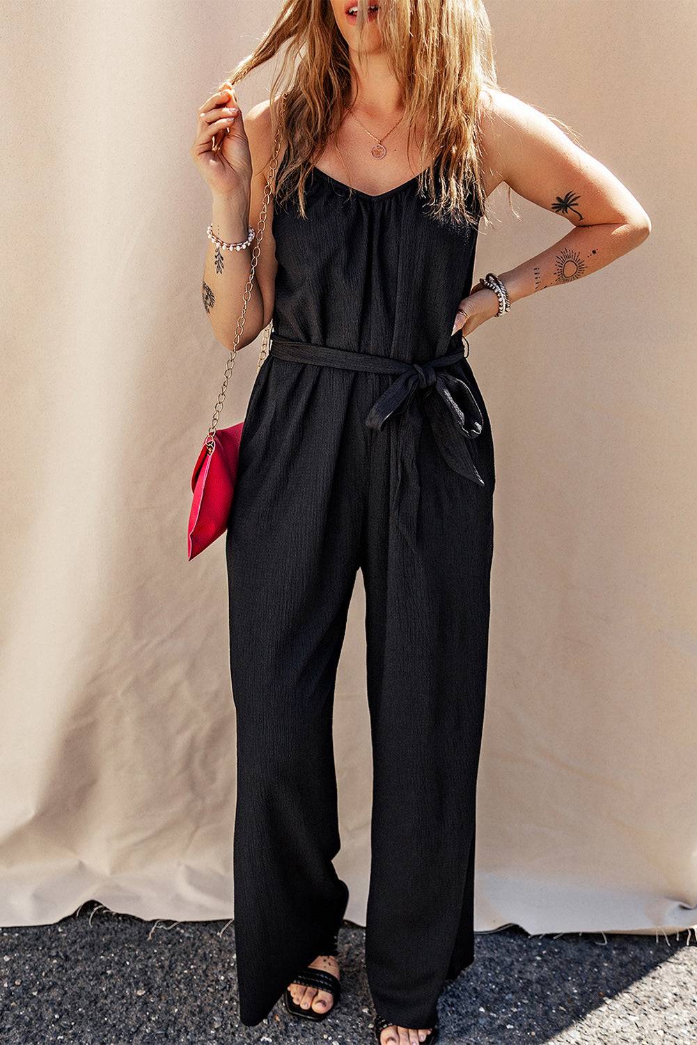 Black Textured Belted Wide Leg Sleeveless Jumpsuit