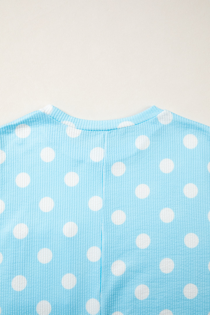 Pink Polka Dot Round Neck Drop Shoulder Patch Pocket Jacquard Texture Top