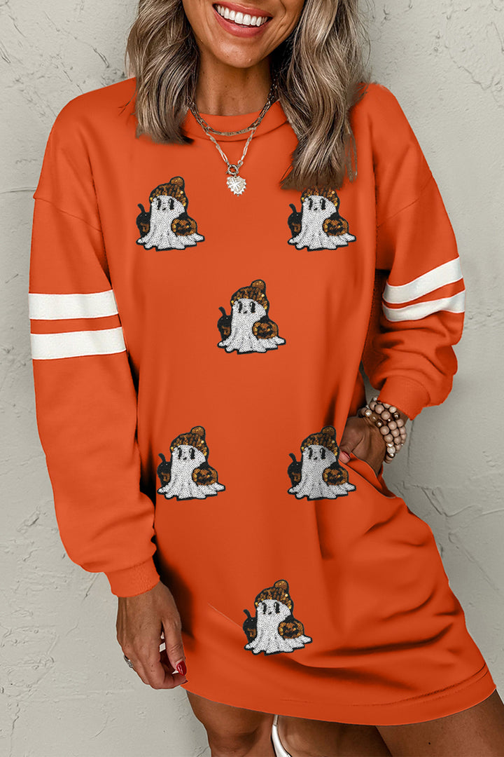 Orange Sequin Ghost Pattern Varsity Sleeve Sweatshirt Mini Dress with Pockets