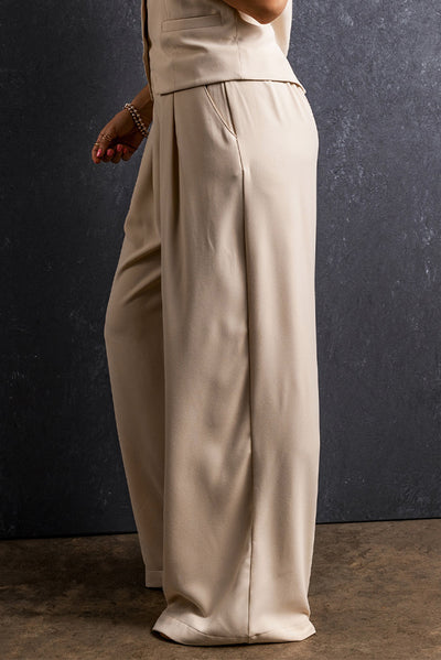 Apricot Elastic Waist Pleated Wide Leg Pants