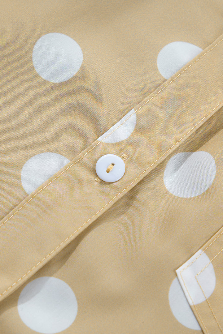 White Polka Dot Print Three Quarter Sleeve Ruffle Hem Casual Shirt