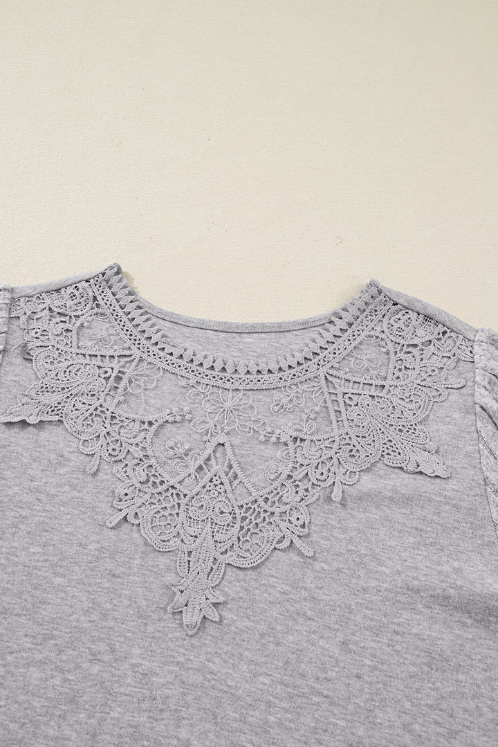 Gray Hollowed Lace Ribbed Knit Long Sleeve Patchwork Top