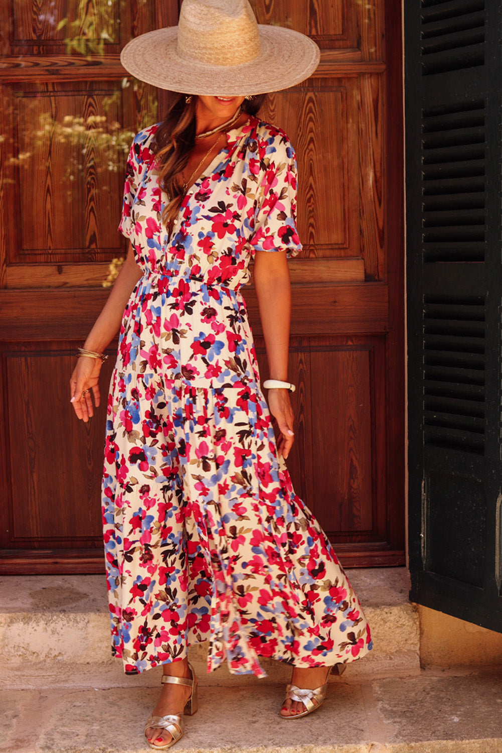 White Floral Print Short Sleeve Buttoned Split Maxi Dress