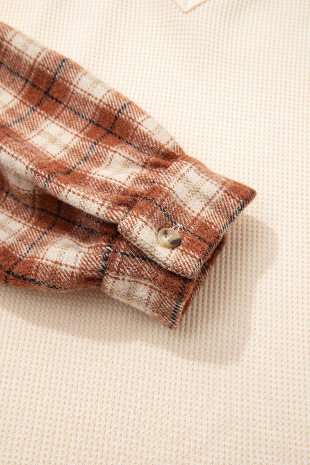 Beige Waffle Textured V Neck Plaid Colorblock Drop Shoulder Long Sleeve Top