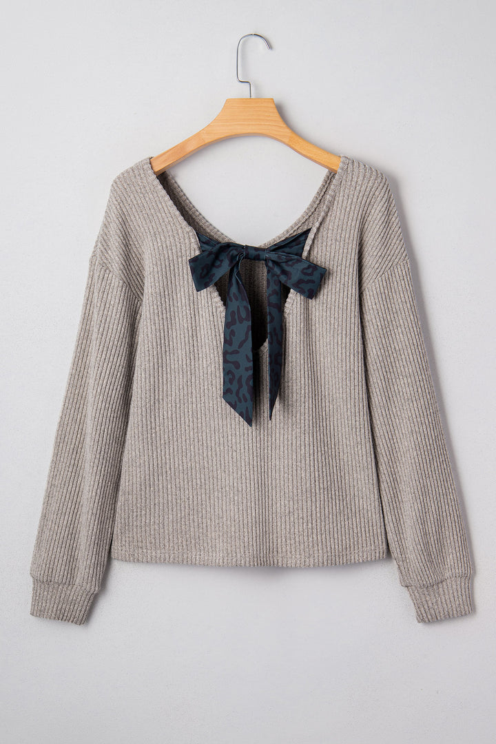 Simply Taupe Ribbed V Neck Contrast Ribbon Bow Back Drop Shoulder Long Sleeve Top