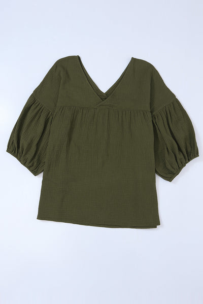 Green Textured V Neck Bracelet Sleeve Babydoll Blouse