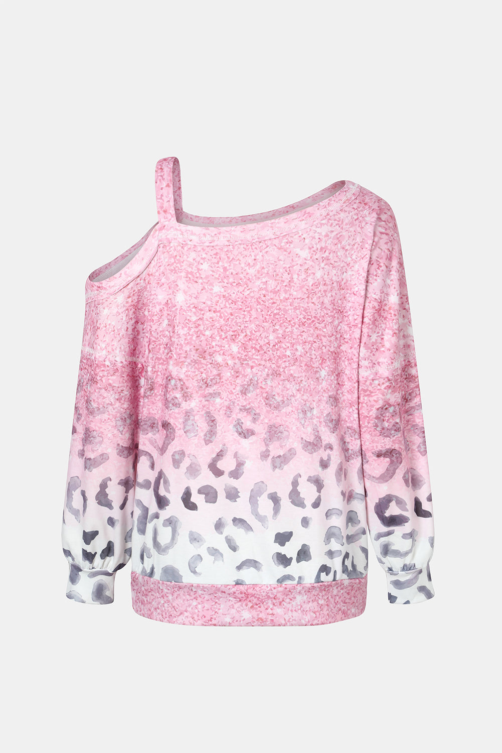 Pink Leopard Patchwork One Shoulder Long Sleeve Top