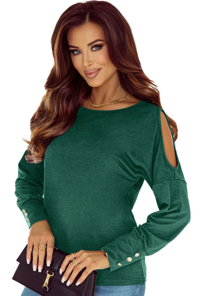 Green Asymmetrical Cut Out Buttoned Long Sleeve Top