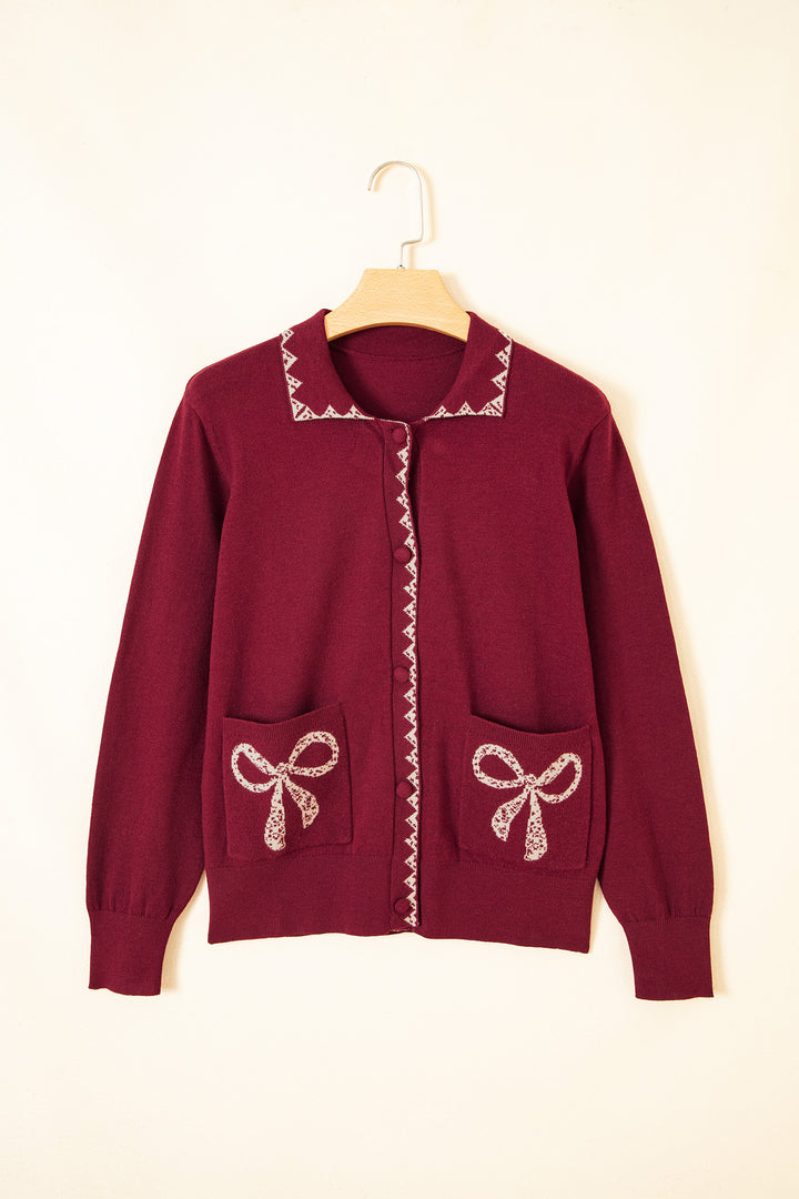 Burgundy Bow Pocket Collar Long Sleeve Knit Cardigan
