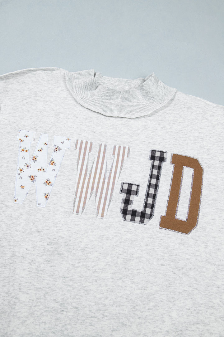 Gray WWJD Mixed Pattern Embroidered Patch Graphic Mock Neck Sweatshirt