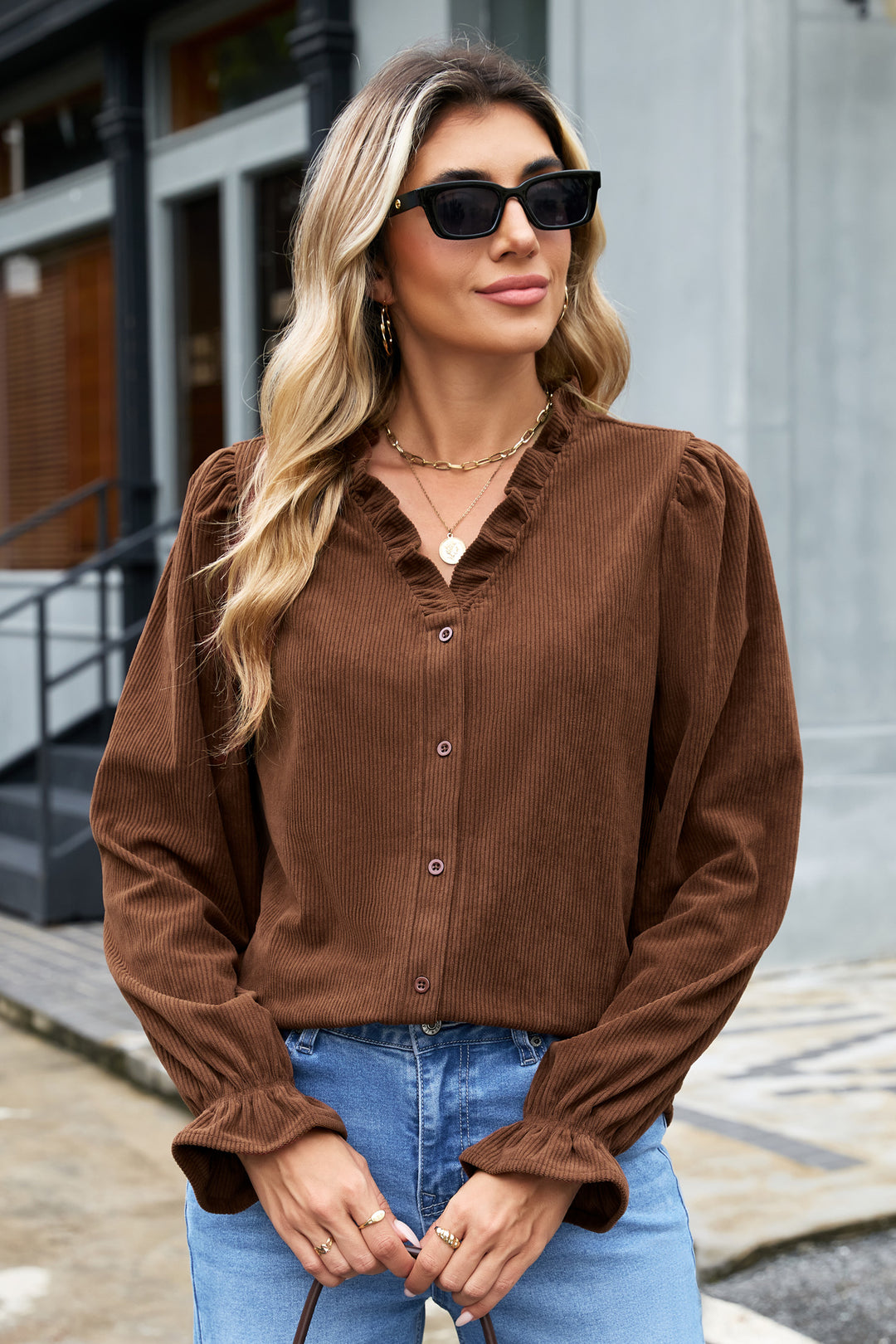 Coffee Solid Color Ruffle Trim V Neck Long Sleeve Button Corduroy Shakcet