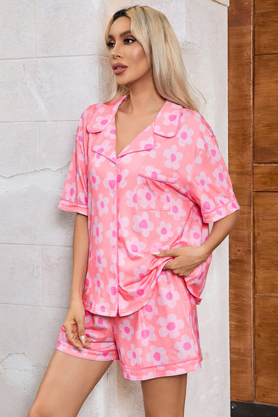 Pink Flower Print Short Sleeve Shirt Pajamas Set