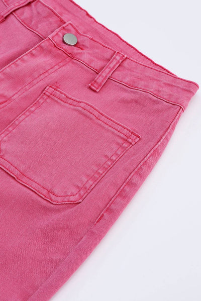 Pink Ankle-length Flare Leg Raw Hem Jeans