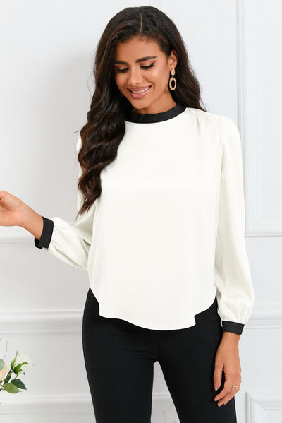 White Color Block Bow Back Mock Neck Blouse