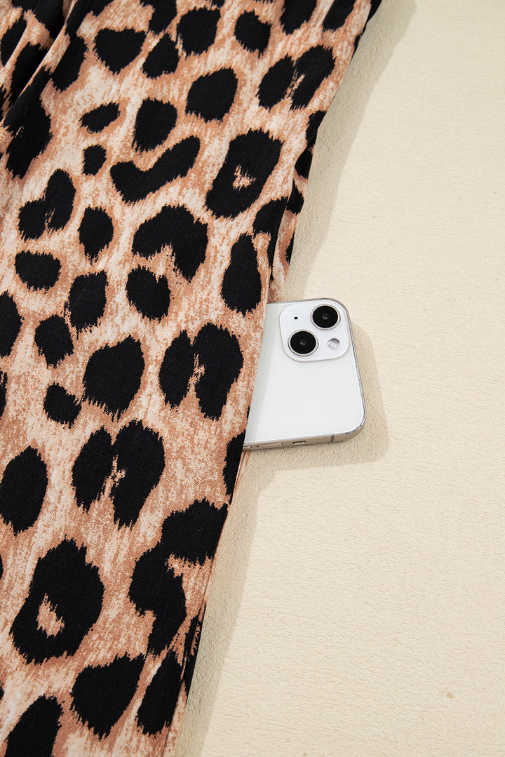 Brown Leopard Print Smocked Detail Flowy Midi Dress