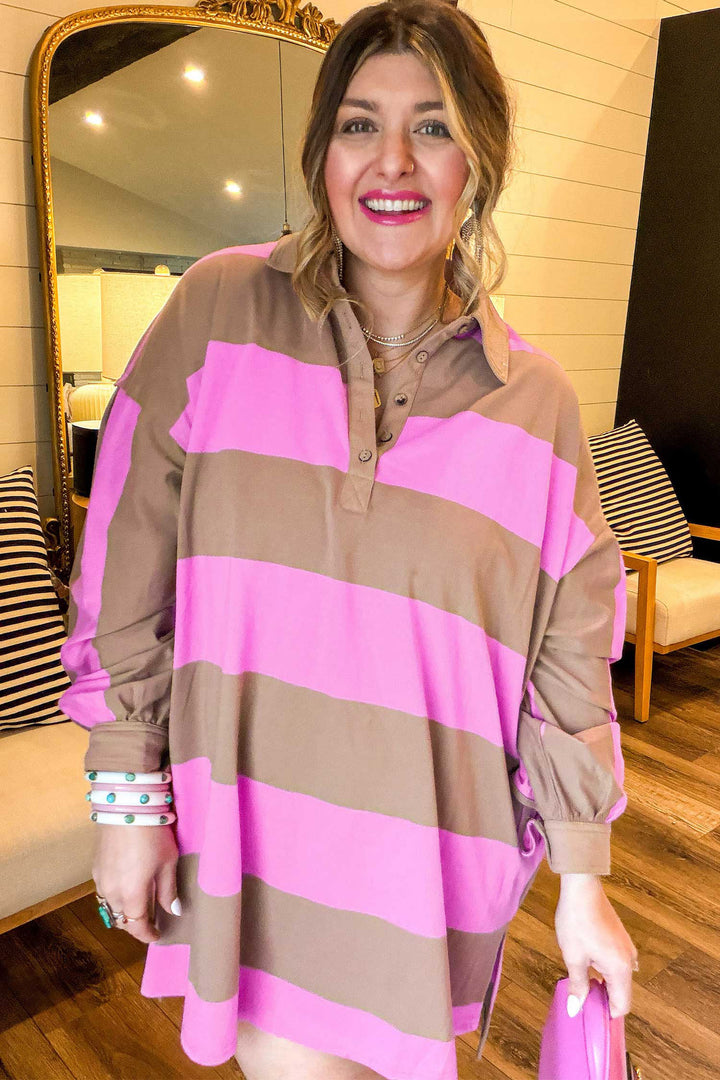 Rose Stripe Striped Colorblock Long Sleeve V Neck Shift Plus Size Dress