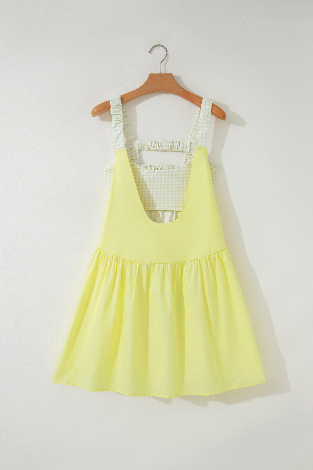 Yellow Cream Faux Two Piece Gingham Contrast Patchwork Loose Mini Dress
