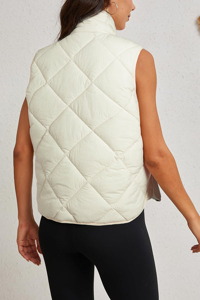 Beige Quilted High Neck Button Up Pocket Vest Coat