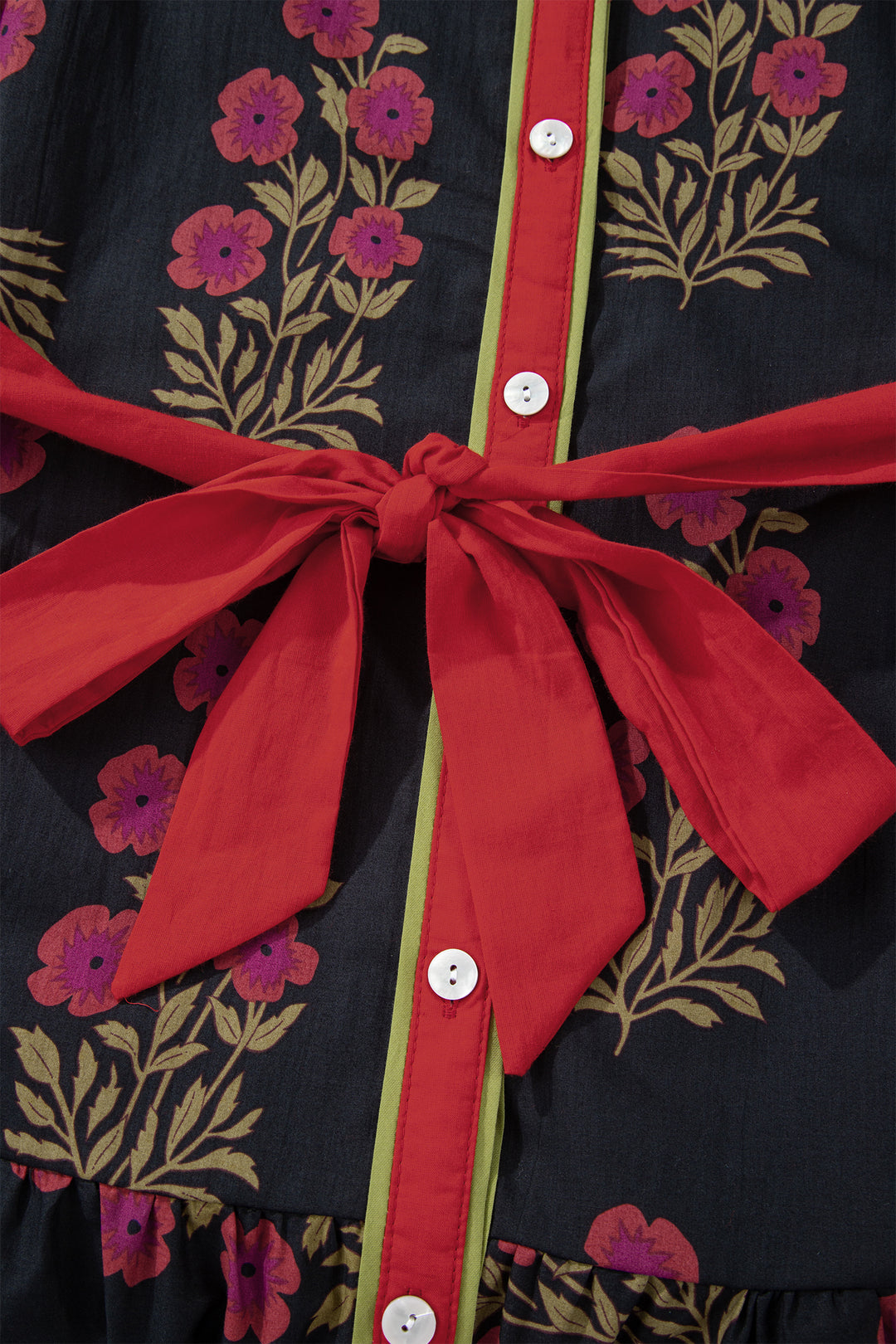 Black Retro Floral Print Button Down Belted Short Puff Sleeve Mini Dress