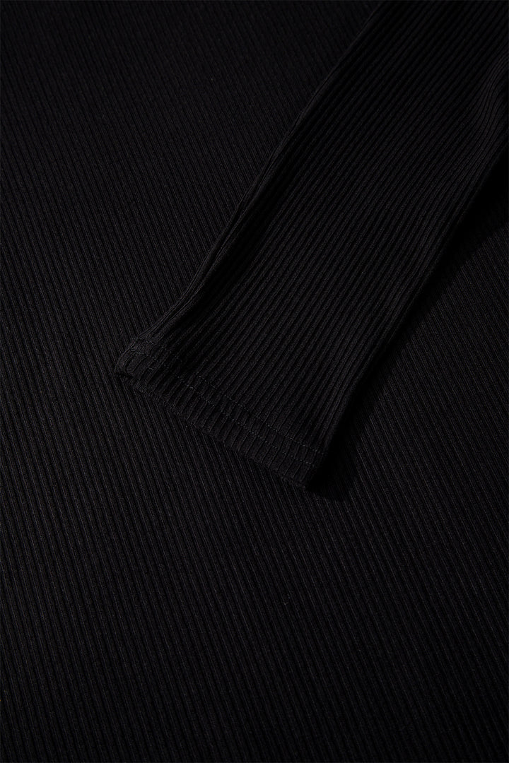 Black Ribbed Long Sleeve Crew Neck Solid Color Bodysuit