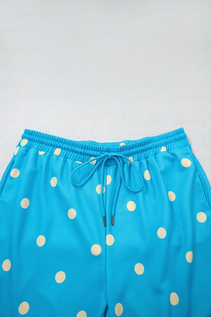 Blue Polka Dot Hooded Drawstring Long Sleeve Plus Size Set