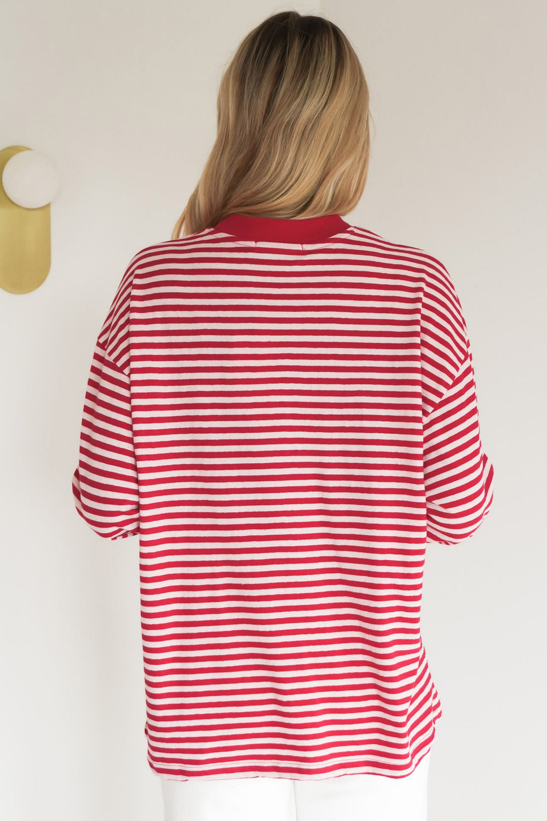 Red Stripe Oversized Long Sleeve Round Neck Top