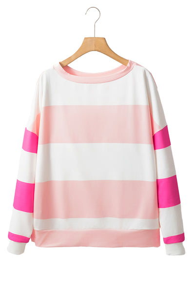 Light Pink Colorblock Striped Drop Shoulder Long Sleeve Top