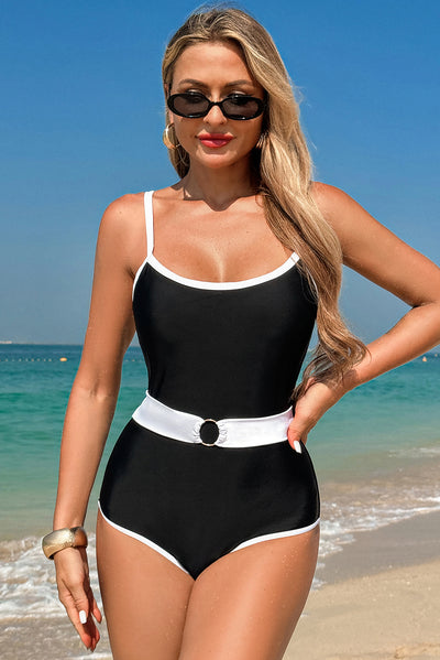 Black Contrast Trim Two Tone Belted One Piece Swimsuit