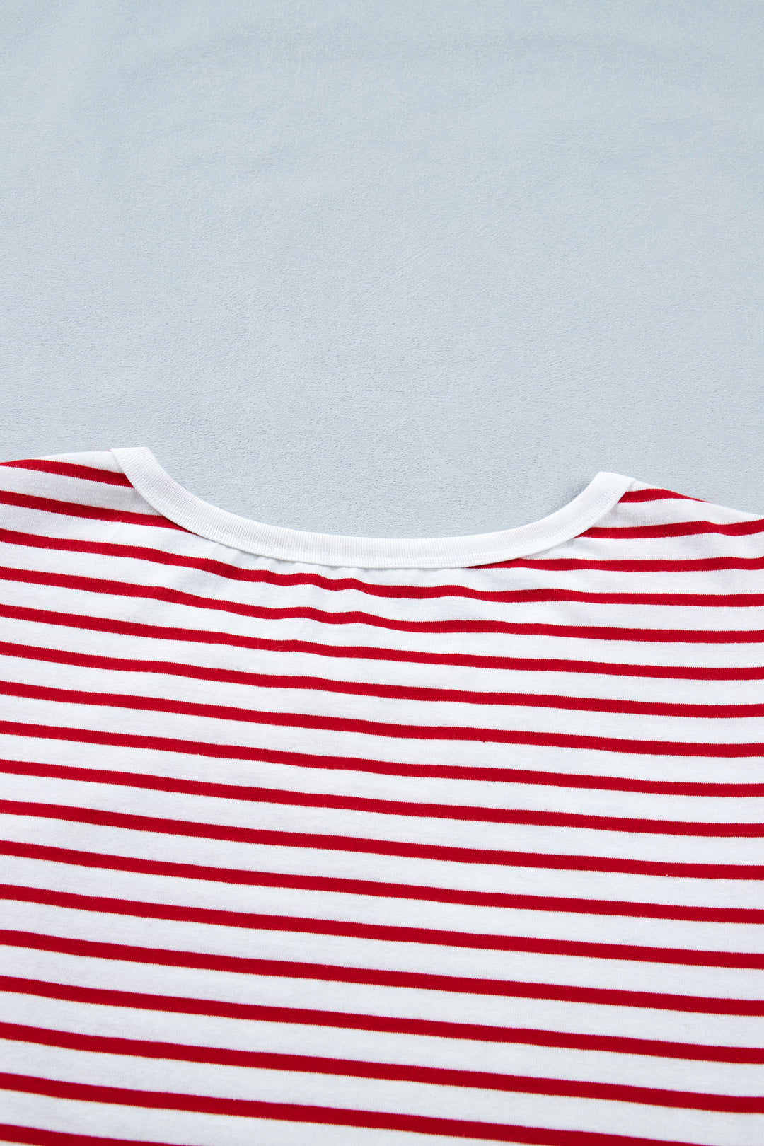 Red Stripe Contrast Trim Round Neck Short Puff Sleeve T Shirt