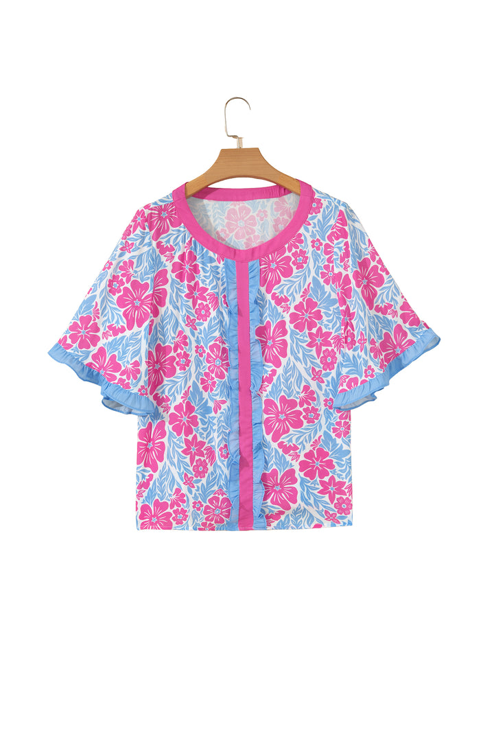 Sky Blue Floral Print Ruffled Color Block Trim Half Sleeve Blouse