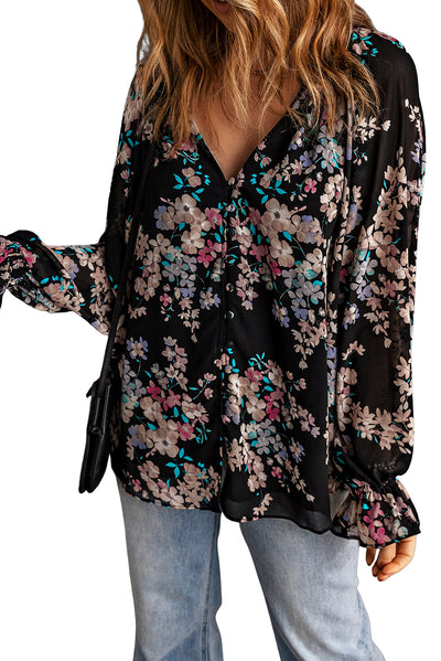 Black Wildflower Print Chiffon Blouse